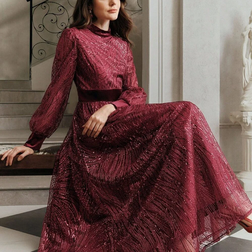 Burgundy Elegant Women's Sequin Velvet Patchwork Waist Dress